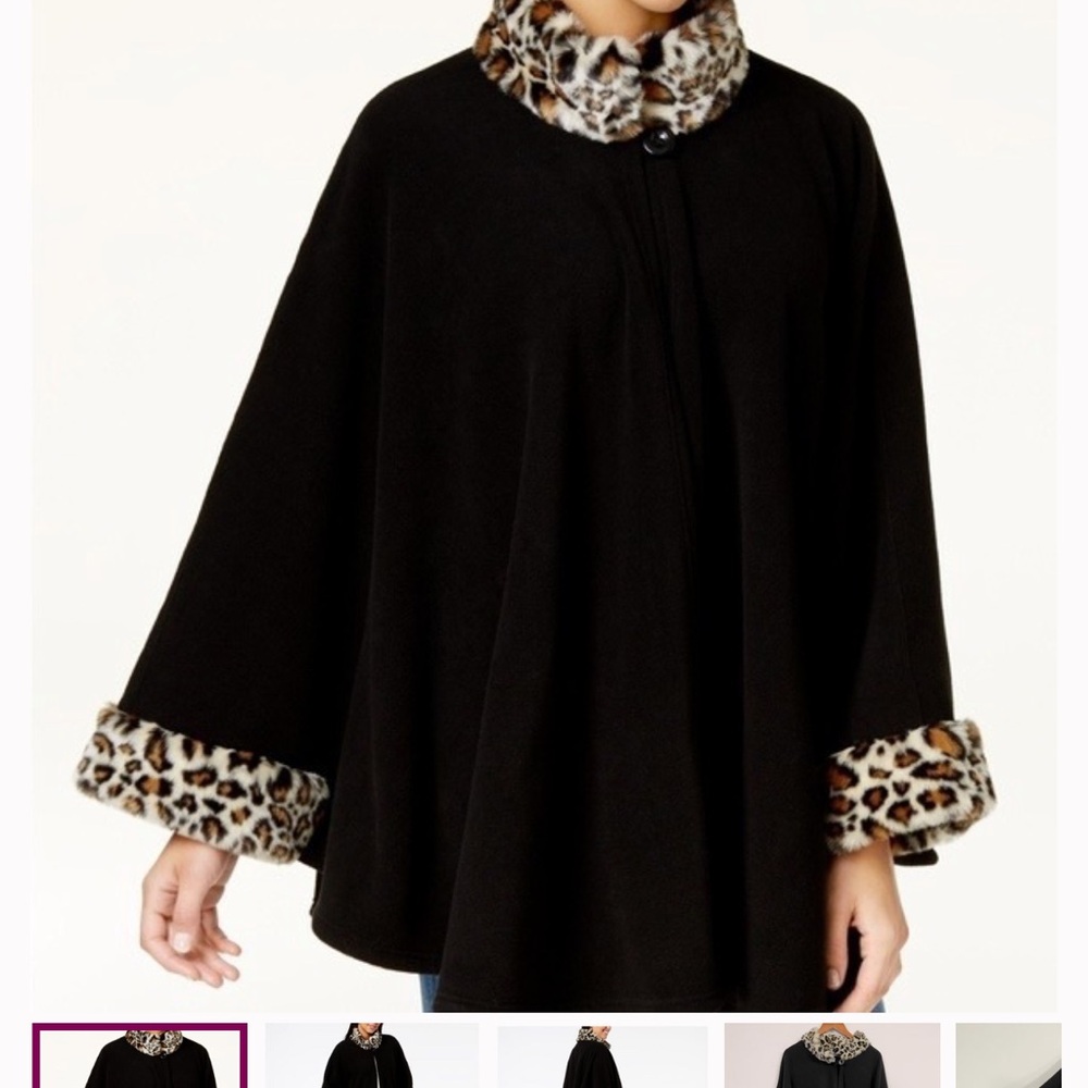 Cejon Black Fleece w/ leopard print faux fur trim cape size S/M